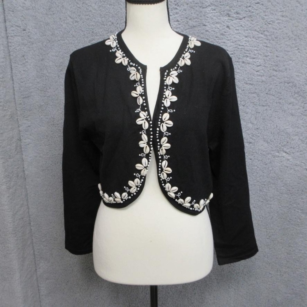 Kenar Silk Blend Beaded Floral‎ Trim Cardigan Sweater Womens XL Black Cropped